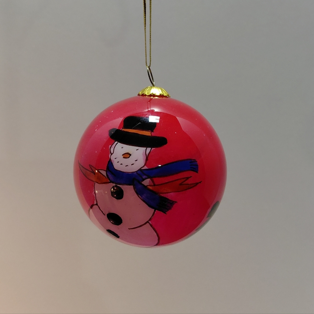 Festive Hand Painted Snowman Christmas Ornament In Velour Green Box.